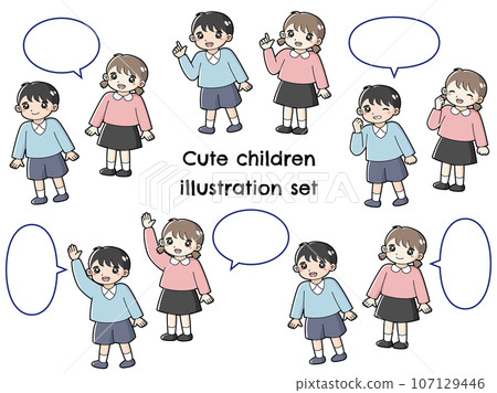 A set of various poses and speech bubbles for boys and girls (smiling, raising hands, pointing, fist pump) 107129446