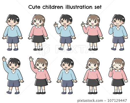 Various pose sets for boys and girls (smiling, raising hands, pointing, fist pump) 107129447