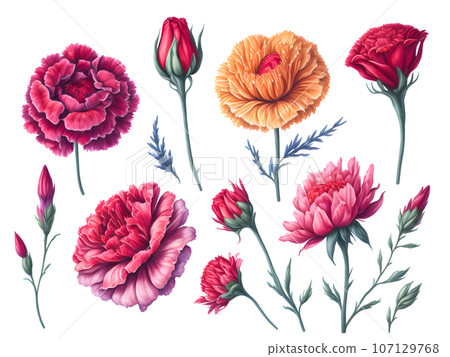 set of watercolor carnation on white background,generative ai 107129768