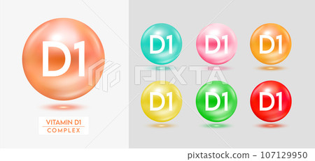 Vitamin D1 complex. Set of colorful balls multivitamins capsules minerals isolated on grey background. Dietary supplement for pharmacy advertisement, package design. Vector EPS10. Vitamin D1 complex. Set of colorful balls multivitamins capsules minerals isolated on grey background. Dietary supplement for pharmacy advertisement, package design. Vector EPS10. 107129950