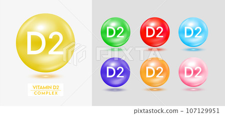 Vitamin D2 complex. Set of colorful balls multivitamins capsules minerals isolated on grey background. Dietary supplement for pharmacy advertisement, package design. Vector EPS10. Vitamin D2 complex. Set of colorful balls multivitamins capsules minerals isolated on grey background. Dietary supplement for pharmacy advertisement, package design. Vector EPS10. 107129951