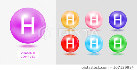 Vitamin H complex. Set of colorful balls multivitamins capsules minerals isolated on grey background. Dietary supplement for pharmacy advertisement, package design. Vector EPS10. 107129954