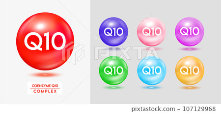 Coenzyme Q10 complex. Set of colorful balls multivitamins capsules minerals isolated on grey background. Dietary supplement for pharmacy advertisement, package design. Vector EPS10. 107129968