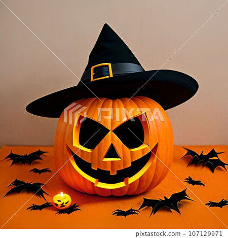 Orange pumpkin and black bat with copy space 107129971