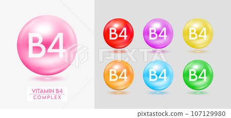 Vitamin B4 complex. Set of colorful balls multivitamins capsules minerals isolated on grey background. Dietary supplement for pharmacy advertisement, package design. Vector EPS10. 107129980