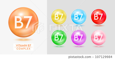 Vitamin B7 complex. Set of colorful balls multivitamins capsules minerals isolated on grey background. Dietary supplement for pharmacy advertisement, package design. Vector EPS10. 107129984