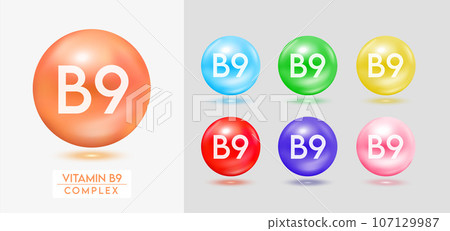 Vitamin B9 complex. Set of colorful balls multivitamins capsules minerals isolated on grey background. Dietary supplement for pharmacy advertisement, package design. Vector EPS10. 107129987