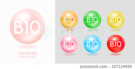 Vitamin B10 complex. Set of colorful balls multivitamins capsules minerals isolated on grey background. Dietary supplement for pharmacy advertisement, package design. Vector EPS10. Vitamin B10 complex. Set of colorful balls multivitamins capsules minerals isolated on grey background. Dietary supplement for pharmacy advertisement, package design. Vector EPS10. 107129989