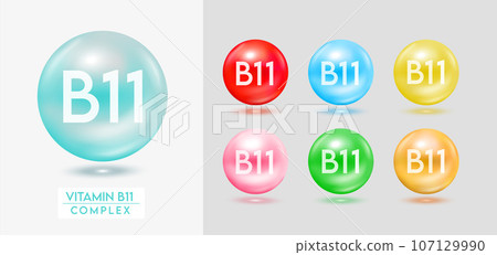 Vitamin B11 complex. Set of colorful balls multivitamins capsules minerals isolated on grey background. Dietary supplement for pharmacy advertisement, package design. Vector EPS10. 107129990