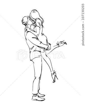 Illustration of line drawing of a happy and loving young couple. A romantic  man and woman embracing outdoor. Young couple loving during a romantic  getaway. Standing isolated on white background 6213399 Vector