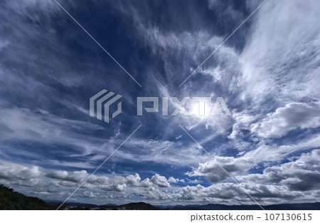 Refreshing early autumn morning sky with contrails and various clouds, ultra-wide angle, sky-based, 230914am 107130615