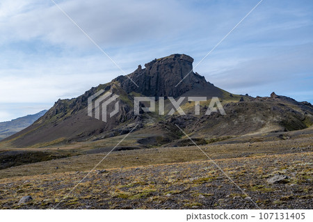 Volcano in lava fields of Fjallabak Nature Reserve in Icelandic highlands. 107131405