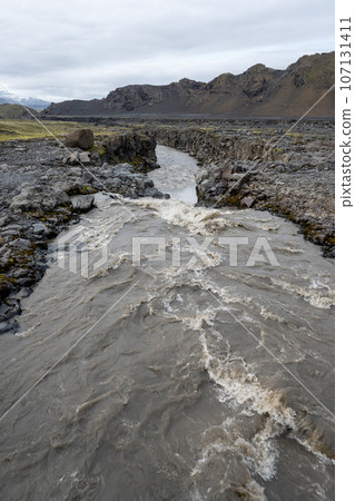 Innri-Emstrua River and waterfall in Fjallabak Nature Reserve, Iceland. 107131411