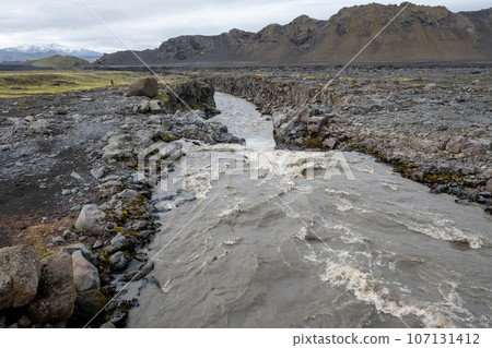 Innri-Emstrua River and waterfall in Fjallabak Nature Reserve, Iceland. 107131412