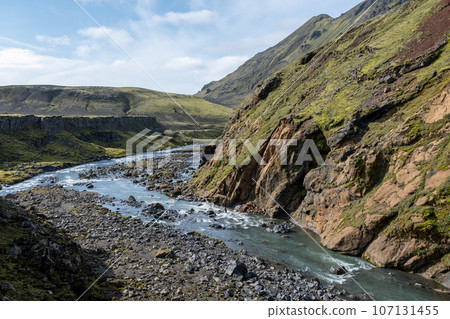 River in volcanic landscape of Fjallabak Nature Reserve in Iceland highlands. River in volcanic landscape of Fjallabak Nature Reserve in Iceland highlands. 107131455