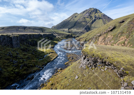 River in volcanic landscape of Fjallabak Nature Reserve in Iceland highlands. 107131459