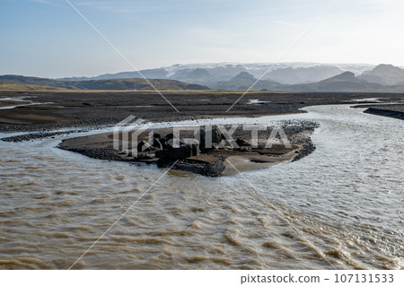 Lava fields and glacial rivers of Fjallabak Nature Reserve in Iceland highlands. 107131533