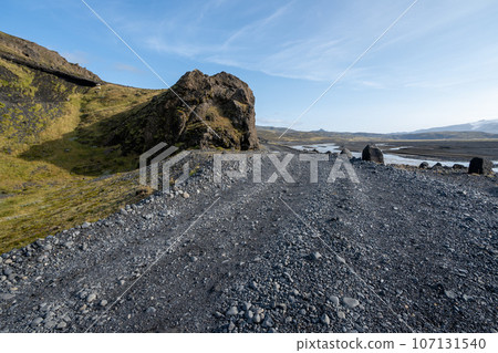 Rugged dirt and lava road in Fjallabak Nature Reserve in Iceland highlands. 107131540