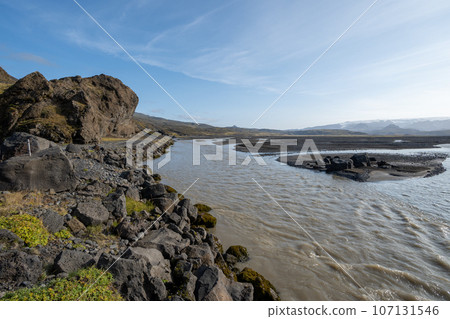 Lava fields and glacial rivers of Fjallabak Nature Reserve in Iceland highlands. Lava fields and glacial rivers of Fjallabak Nature Reserve in Iceland highlands. 107131546