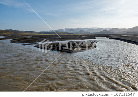 Lava fields and glacial rivers of Fjallabak Nature Reserve in Iceland highlands. 107131547