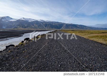 Rugged dirt and lava road in Fjallabak Nature Reserve in Iceland highlands. 107131548