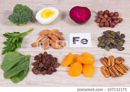Healthy ingredients containing iron, vitamins and minerals. Best food in fight against anemia 107132175