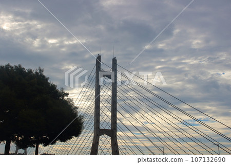 Twin bridges bathed in the morning glow 107132690
