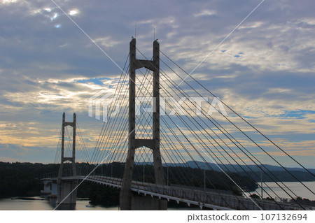 Twin bridges bathed in the morning glow 107132694