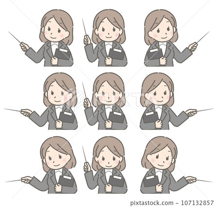 Young woman (suit) pointing in various directions Young woman (suit) pointing in various directions 107132857