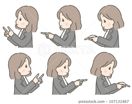 A young woman pointing in various directions with both hands (sideways, suit) A young woman pointing in various directions with both hands (sideways, suit) 107132867