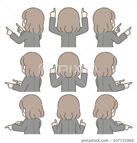 A young woman pointing in various directions with both hands (facing backwards, in a suit) A young woman pointing in various directions with both hands (facing backwards, in a suit) 107132868