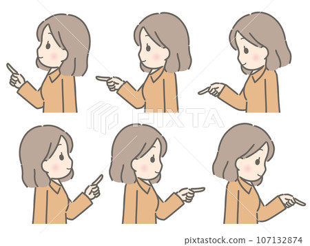 A young woman pointing in various directions (sideways, plain clothes) A young woman pointing in various directions (sideways, plain clothes) 107132874