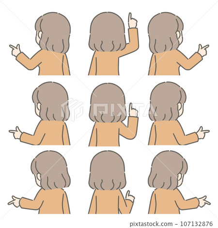 A young woman pointing in various directions (facing backwards, plain clothes) A young woman pointing in various directions (facing backwards, plain clothes) 107132876