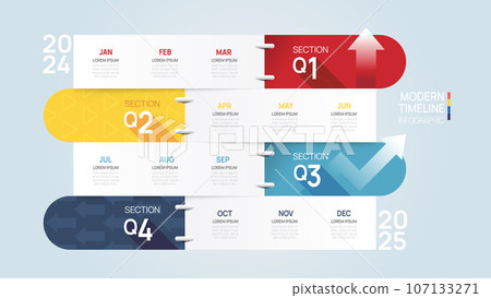 Business road map timeline infographic arrow template. Modern milestone element timeline diagram calendar and 4 quarter topics, vector infographics. 107133271