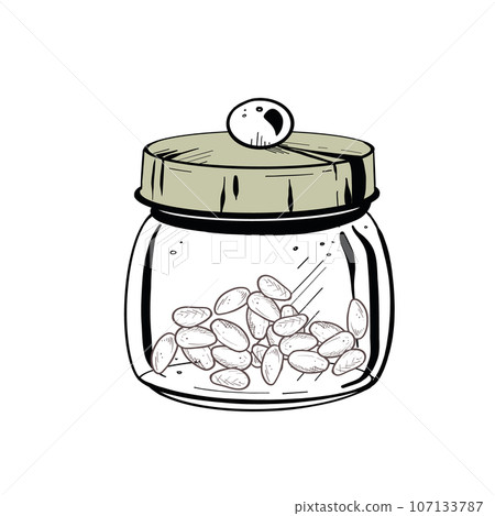 Vector illustration of closed glass container with solid lid and cocoa seeds inside. Raw cacao bean, seeds. Black outline, graphic drawing in curves. For textile printing, sticker, logo, stamp, banner 107133787