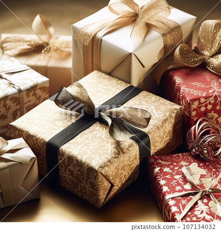 Holiday gifts and presents, country cottage style wrapped gift boxes for boxing day, Christmas, Valentines day and holidays shopping sale, beauty box delivery 107134032