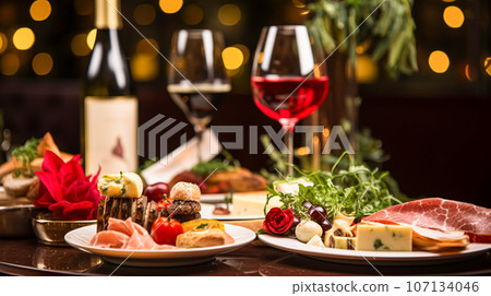 Christmas holidays and New Year celebration, dinner table at a luxury English styled restaurant or hotel, wine, appetisers and Christmas tree decoration, holiday party and event invitation 107134046