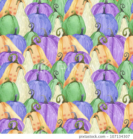 Hand drawn watercolor autumn pumpkin field seamless pattern isolated on black background. Can be used for textile, Scrapbook, fabric and other printed products. 107134307