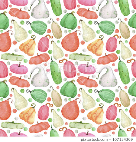 Hand drawn watercolor autumn pumpkin seamless pattern isolated on white background. Can be used for textile, Scrapbook, fabric and other printed products. 107134309