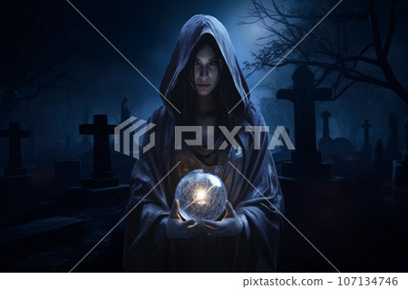 Witch cast a spell with a magical crystal ball standing in graveyard with tombstones at night, Generative AI 107134746