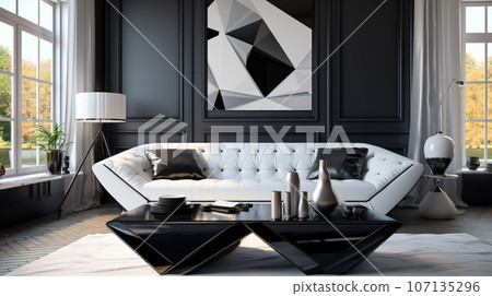 Ultra-modern living room with a sofa design, coffee table, and rug, AI Generated 107135296