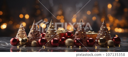 Decorated xmas table with Merry Christmas gifts in cozy Santa home interior, banner. Happy New Year presents boxes in workshop late in night with lights on xmas tree, holiday eve background. Decorated xmas table with Merry Christmas gifts in cozy Santa home interior, banner. Happy New Year presents boxes in workshop late in night with lights on xmas tree, holiday eve background. 107135358