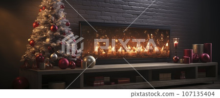 Decorated xmas table with Merry Christmas gifts in cozy Santa home interior, banner. Happy New Year presents boxes in workshop late in night with lights on xmas tree, holiday eve background. Decorated xmas table with Merry Christmas gifts in cozy Santa home interior, banner. Happy New Year presents boxes in workshop late in night with lights on xmas tree, holiday eve background. 107135404