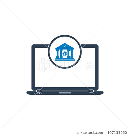 Online Banking Icon. With Bank and Laptop Symbols. Editable Flat Vector Illustration. 107135960