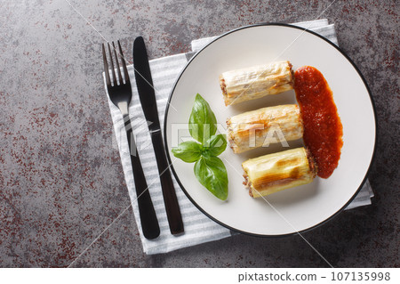 Baked leek tubes stuffed with minced meat, rice, cheese and vegetables served with tomato sauce close-up in a plate. Horizontal top view Baked leek tubes stuffed with minced meat, rice, cheese and vegetables served with tomato sauce close-up in a plate. Horizontal top view 107135998