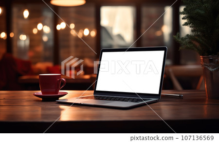 Laptop on desk with blank screen, Christmas tree and gifts in background, clipping path included. Festive home office. 107136569