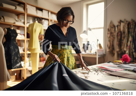 Close-up view of a professional seamstress at work. Close-up view of a professional seamstress at work. 107136818