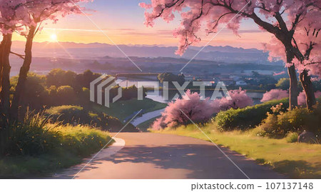 動漫背景_夕陽與櫻花_02 107137148