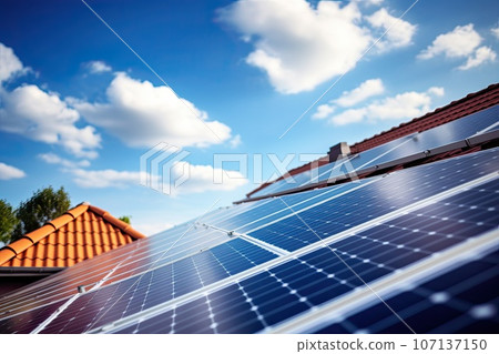 Roof Of Solar Panels. Photovoltaic panels on the roof . View of solar panels in the roof house with sunlight. Close-up view 107137150