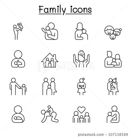 Family icon set in thin line style. ediatble stroke 107138589